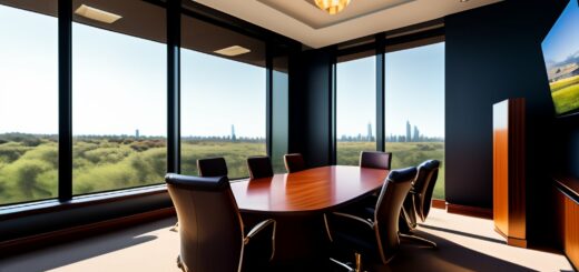An executive board room overlooking a city and forest.
